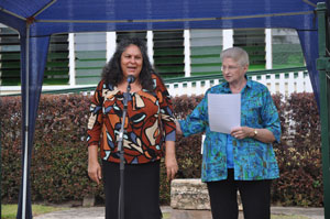 Barbara Hatfield delivering the Acknowledgement to Country at the Fence Function ceremony 2016